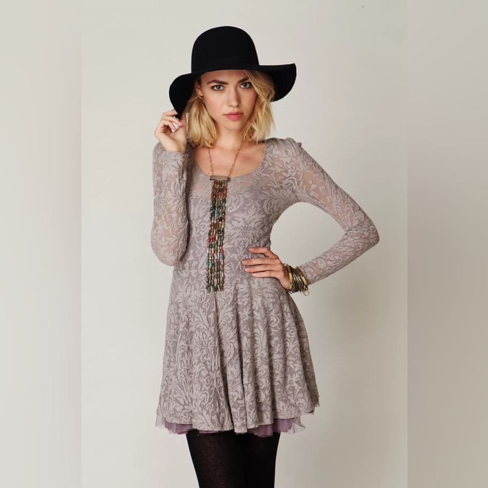 Free People Floral Lace Fit and Flare Dress Grey and Light Purple Women’s Size S - Picture 2 of 13